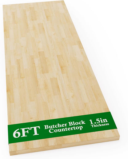 4FT Butcher Block Countertop Birch Solid Wood - 50" x 25" Table Top Butcher Block Cutting Board for Kitchen Island Cart Living Dining Office Desk Workbench Washer Dryer Countertop Unfinished 1.5" Th