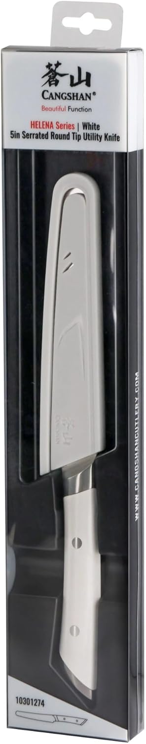 Cangshan HELENA Series 5-inch Round-Tip Serrated Utility Knife with Sheath, White