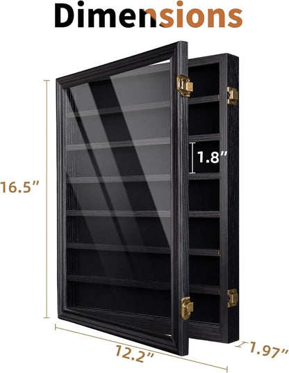 7 Row Knife Display Case for Wall Wooden Folding Knife Storage Stand with HD Tempered Glass & Removable Shelves Military Knife Organizer for Collections - Black