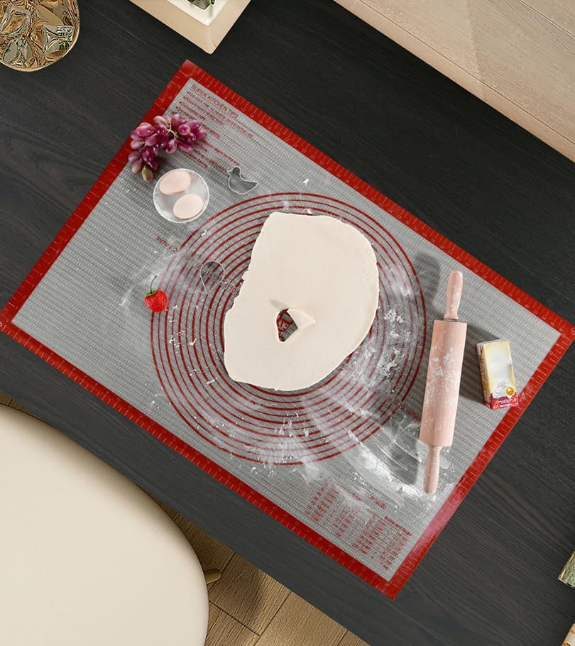 Non-slip Silicone Pastry Mat Extra Large with Measurements 28''By 20'' for Silicone Baking Mat, Counter, Dough Rolling, Oven Liner,Fondant/Pie Crust By Folksy Super Kitchen Red