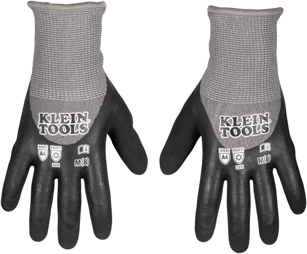 Klein Tools Winter Work Gloves, Knit Dipped ANSI A4 Cut-Resistant, Sandy Latex Coated, Fleece-Lined, Touchscreen Capable