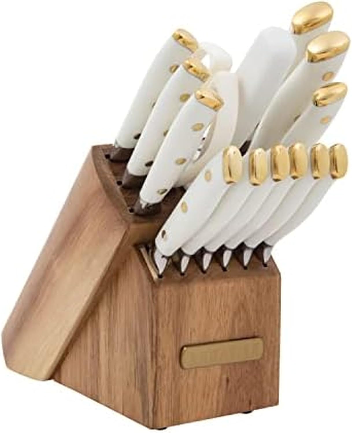 Sabatier 15-Piece Forged Triple Rivet Knife Block Set, High-Carbon Stainless Steel Kitchen Knives, Razor-Sharp Knife set with Acacia Wood Block, White Handles