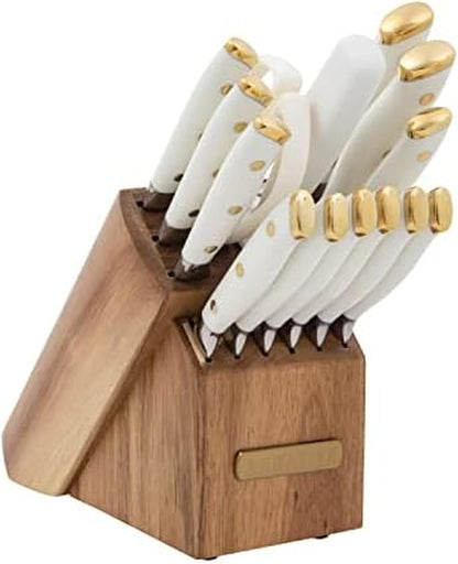 Sabatier 15-Piece Forged Triple Rivet Knife Block Set, High-Carbon Stainless Steel Kitchen Knives, Razor-Sharp Knife set with Acacia Wood Block, White Handles