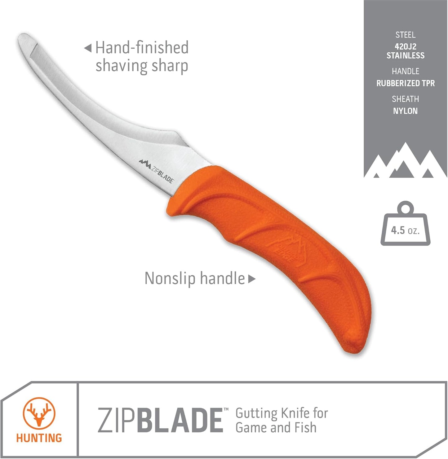 OUTDOOR EDGE Zip Blade - 4.0" Fixed Blade Hunting Knife for Skinning and Gutting Big Game - Includes Black Nylon Belt Sheath - Deer Gutting Knives