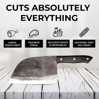 COOLINA Daozi 8" Butcher Knife, Hand-Forged High-Carbon Steel Cleaver for Heavy-Duty Meat Cutting, Slicing, Chopping, Brisket & BBQ, Full-Tang Forged Blade with Ergonomic Wood Handle