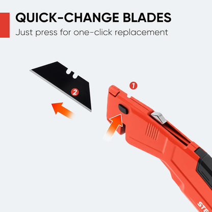 STEELITE Utility Knife Set 2PCS, Box Cutter Heavy Duty Metal, Quick Open Botton Lock Razor Knife for Cartons, Rapes, Leather and Cardboard, Blades Storage Design with 16 Extra Blade, Red