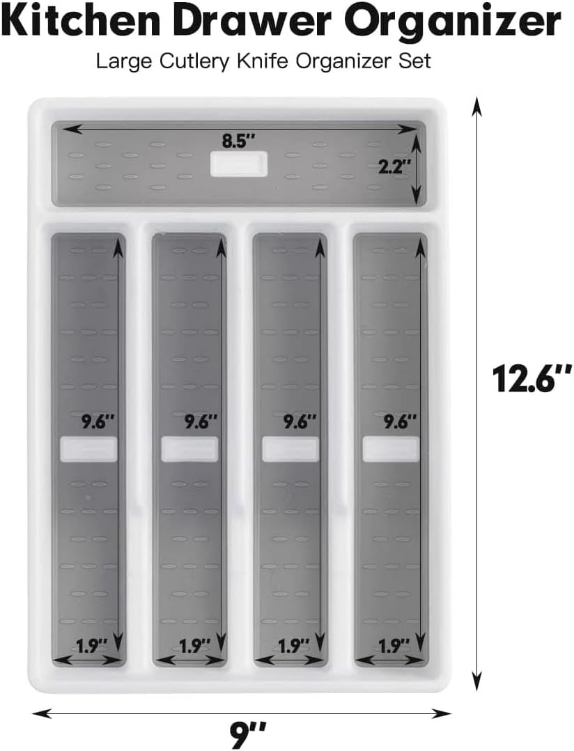 Cutesun Silverware Organizer for Drawer, Desktop Plastic Kitchen Storage, Cutlery Storage for Kitchen Drawer, Flatware and Utensil Holder Divider for Spoons Forks Knives Tableware, 5 Compartment, Gray
