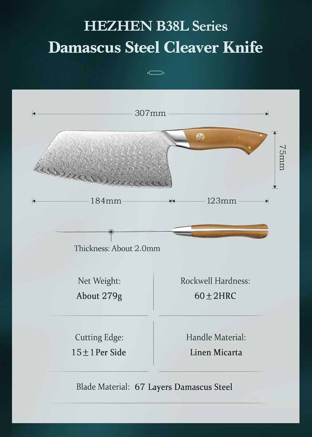 HEZHEN Damascus Chef Knife, 8.5 Inches, 67 Layers Damascus Steel, Professional Japanese Kitchen Knife for Chefs and Home Cooking, Ultra-sharp Blade with Linen Micarta Handle, Gift Packing