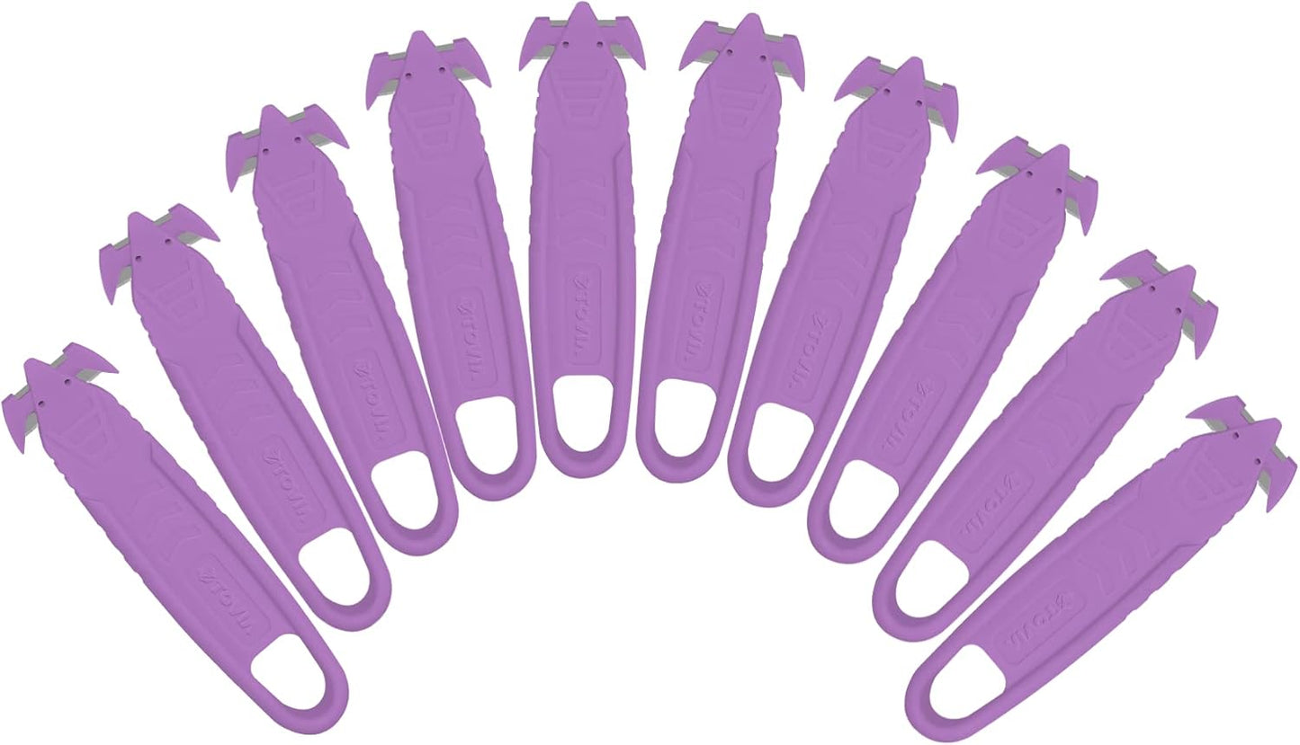T TOVIA Safety Box Cutter Knife of Recessed Concealed Stainless Steel Blade, 10-Pack Package Opener Plastic Cutter for Box, Carton, Shrink Wrap, Plastic Straps, 5 Color