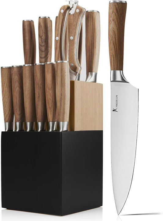 Kangdelun Ultra Sharp 14-Piece Kitchen Knife Set, High Carbon Stainless Steel Blades, Torrefied Natural Wood Handles, Ergonomic Design, Space-Saving White-Finished Wood Block, Easy Hand Wash, Gift Box