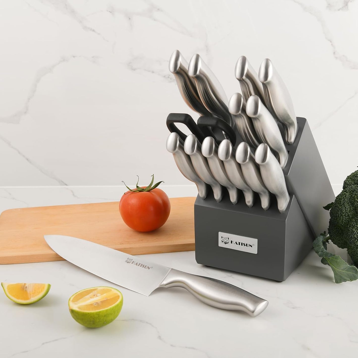 Knife Set, 15-Piece Kitchen Knife Block Sets with Built-in Sharpener, German Stainless Steel Knife Block Set, Dishwasher Safe