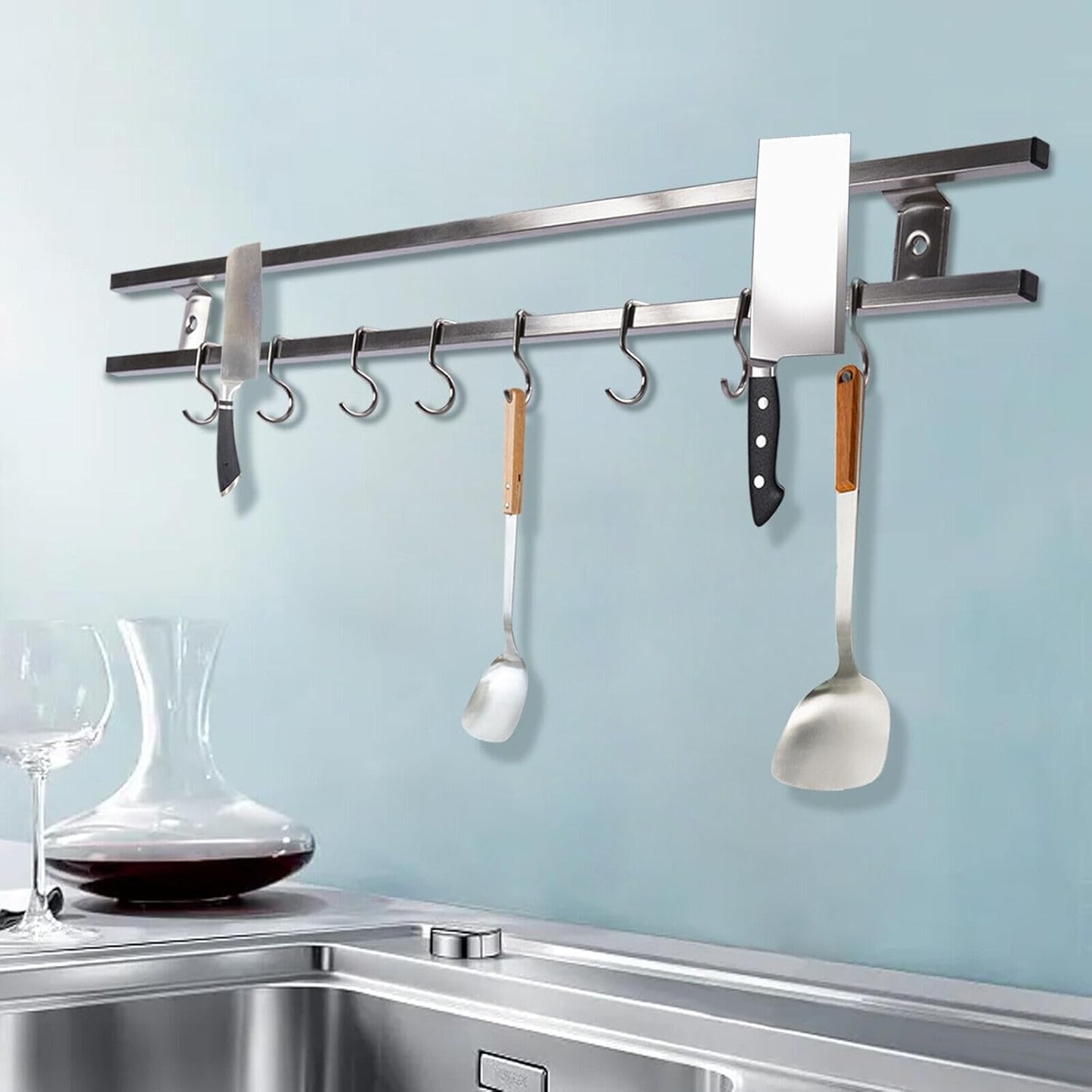 Double-bar Tool Holder, 24Inch Magnetic Knife Holder Magnetic Knife Strip with 8 Hooks Powerful Magnetic