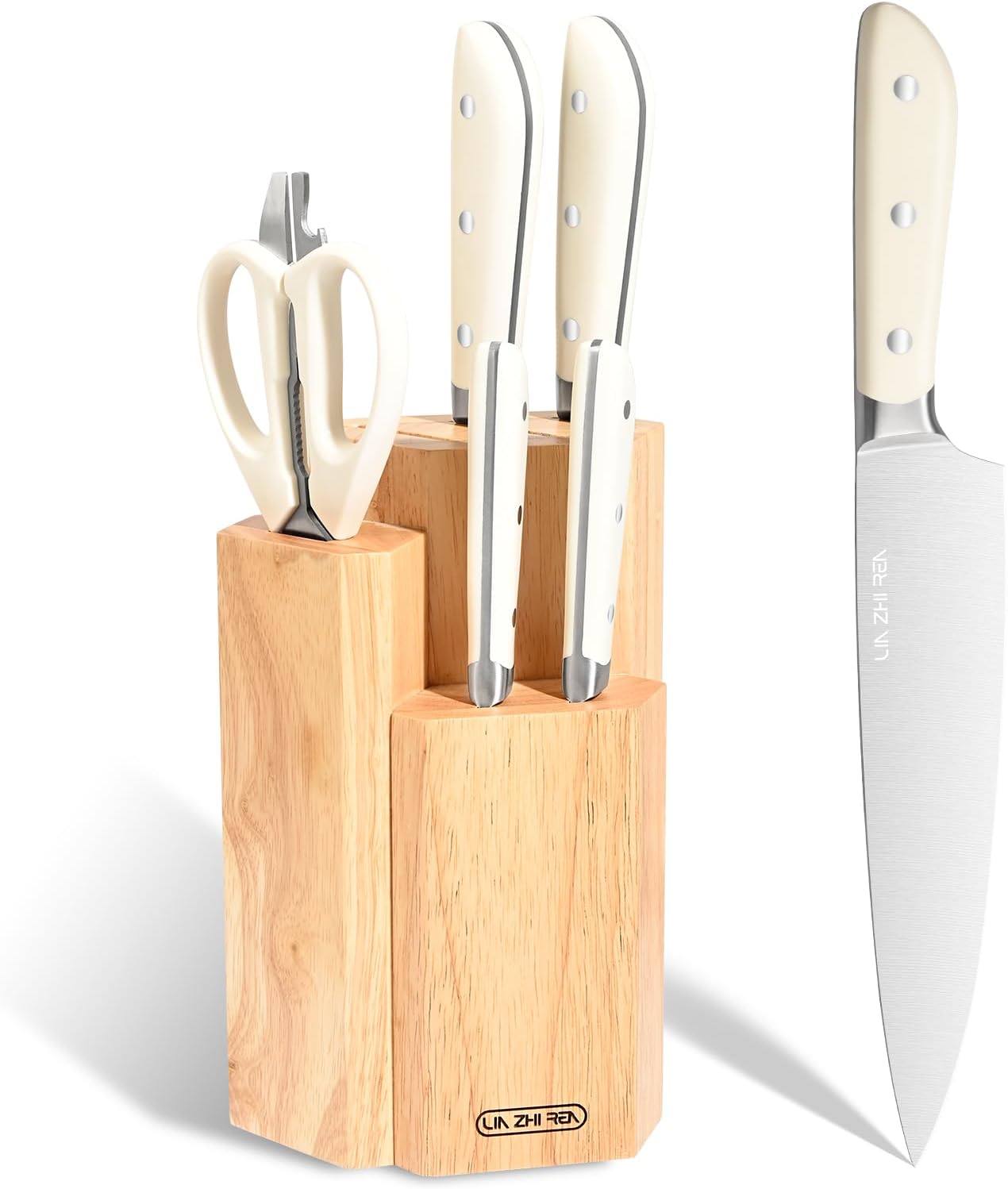 14-Piece Kitchen Knife Set with Detachable Block, High Carbon Stainless Steel Dishwasher Safe Knives, Includes Chef, Santoku, Bread, Steak Knives for Home Kitchen,White