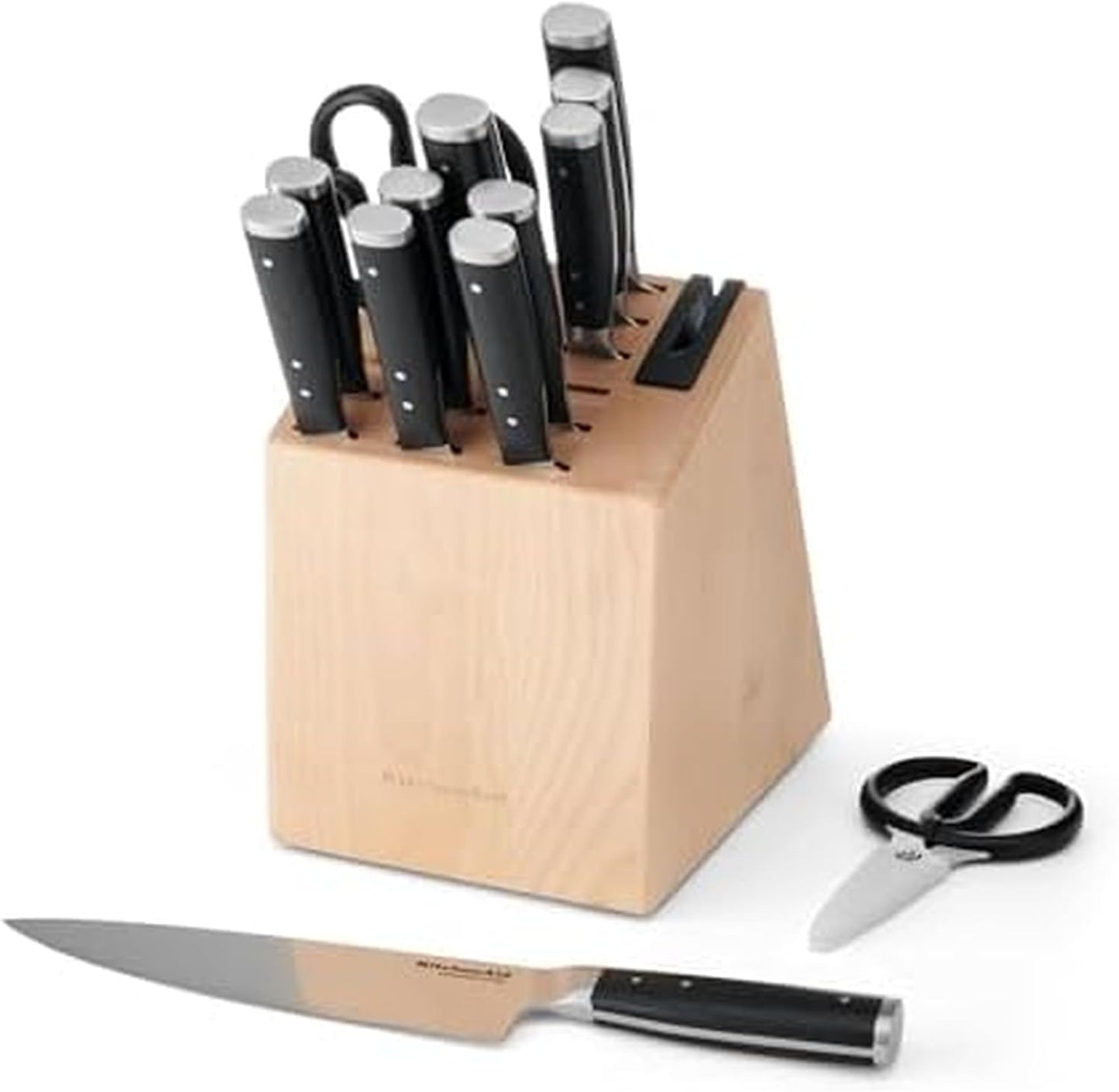 KitchenAid Gourmet Forged Triple Rivet Knife Block Set with Built-in Knife Sharpener, High Carbon Japanese Stainless Steel Kitchen Knives, Sharp Kitchen Knife Set with Block, Birchwood, 14-Piece