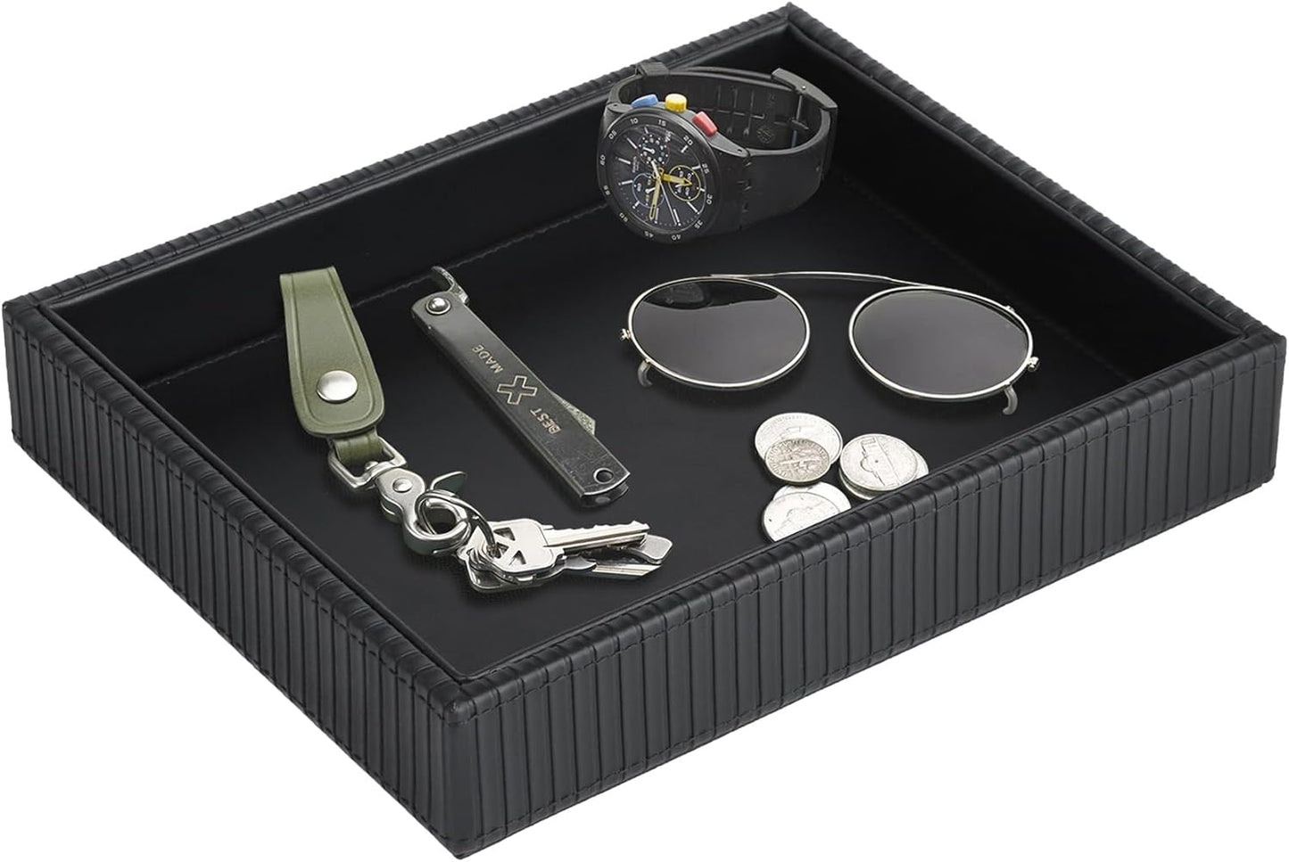 HofferRuffer Faux Leather Vanity Tray, Elegant Desktop Storage Organizer, Decorative Catchall for Perfume, Bathroom Valet, Nightstand or Dresser, 10.2 x 8.4 x 1.8 inches (Grey Stripe)