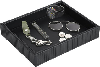 HofferRuffer Faux Leather Vanity Tray, Elegant Desktop Storage Organizer, Decorative Catchall for Perfume, Bathroom Valet, Nightstand or Dresser, 10.2 x 8.4 x 1.8 inches (Grey Stripe)