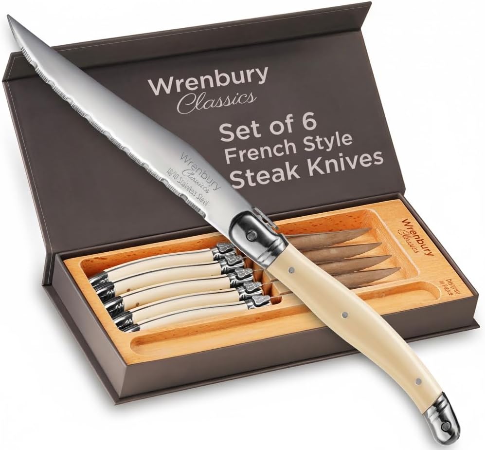 Wrenbury Laguiole Steak Knives Set of 6 Stainless Steel French Design Serrated Dinner Knife Set for Dining and Gifting - Ivory