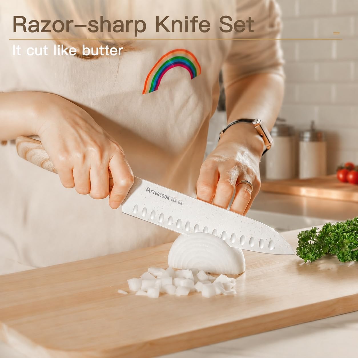 Astercook Knife Set, 13 Pieces Kitchen Knives Set with Ceramic Coating, Stainless Steel Chef Knife Sets with 6 Blade Guards, Dishwasher Safe Knives with Wooden Handle, Elegant White