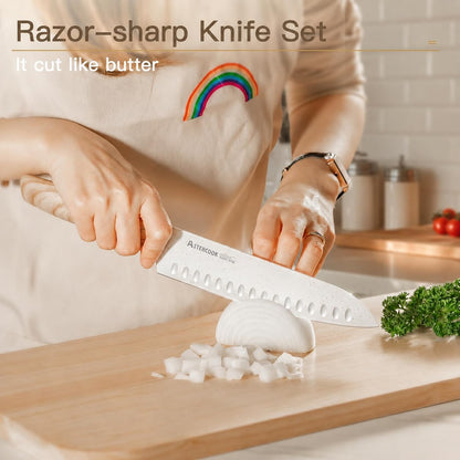 Astercook Knife Set, 13 Pieces Kitchen Knives Set with Ceramic Coating, Stainless Steel Chef Knife Sets with 6 Blade Guards, Dishwasher Safe Knives with Wooden Handle, Elegant White