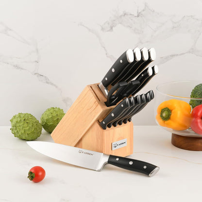 Kitchen Knife Set,14-Piece Knife Set With Block Wooden, Self Sharpening For Chef Knife Set, High Carbon German Stainless Steel Hammered Collection Knife Block Set, Dishwasher Safe Cutlery, Cream