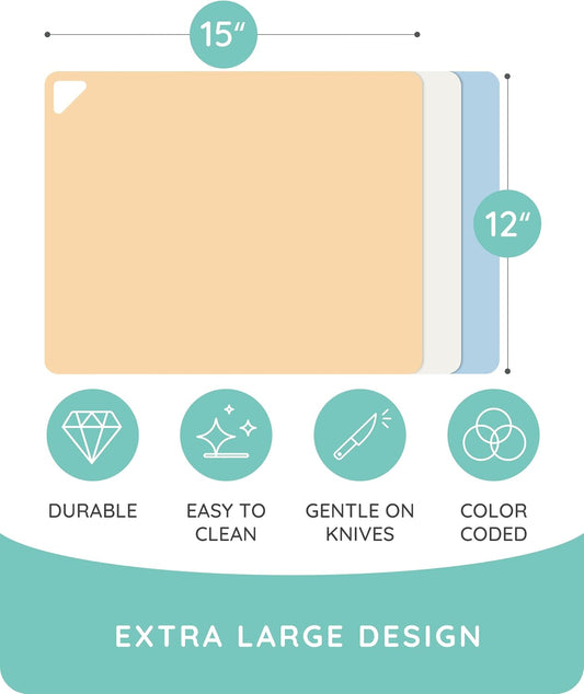 July Home Cutting Board Alternative for Kitchen - Extra Thick Flexible Plastic Cutting Board Set of 3, Non-Slip, BPA-Free, Easy to Clean, Colored Cutting Mats for Cooking, Durable Chopping Sheets