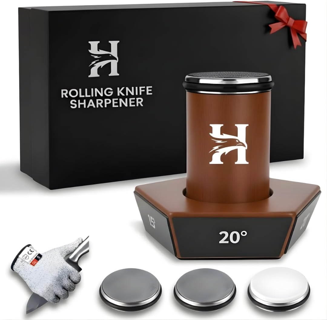 5 Angles High Carbon Stainless Steel Rolling Knife Sharpener with 400, 1000 & 3000 Replacement Discs - Blunt Knife Sharpening Kit with 12°, 15°, 17°, 19° and 22° Sharpening for Kitchen & Chef's Knives