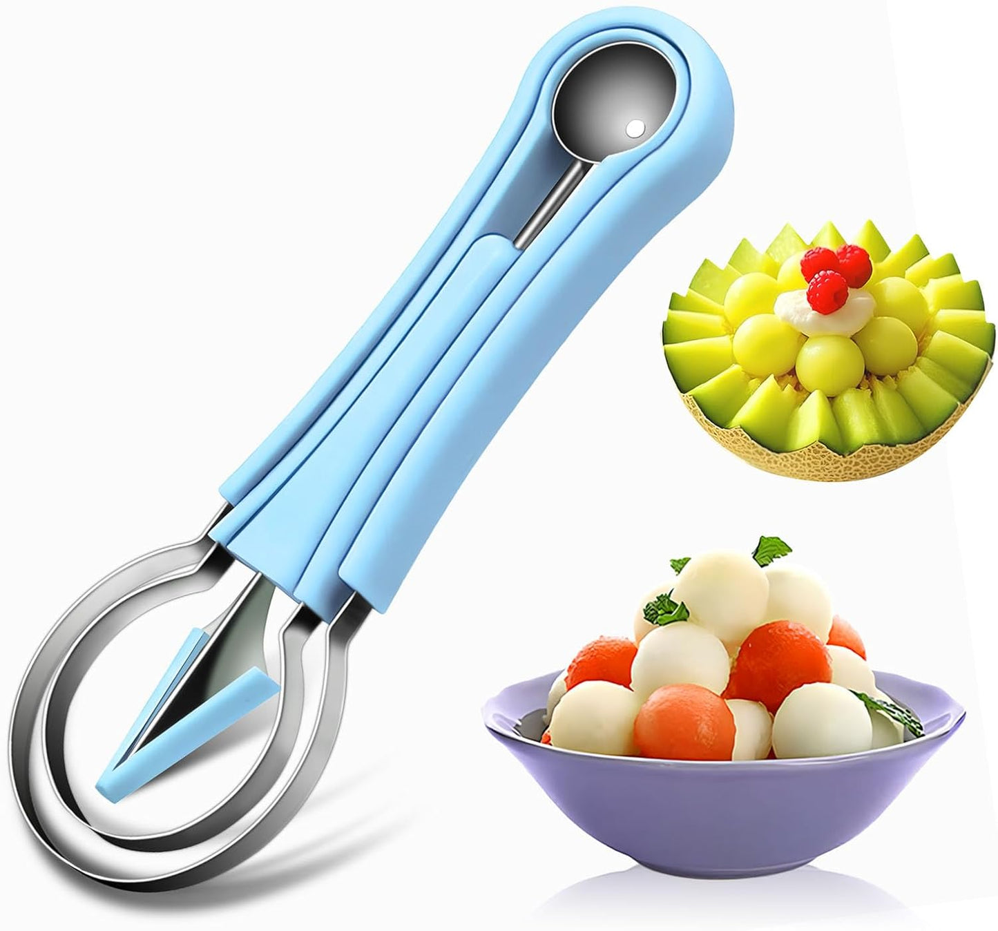 Suuker 4 in 1 Melon Baller Scoop Set, Stainless Steel Fruit Cutters Shapes, Watermelon Scooper and Baller, Fruit Carving Tools (Green)