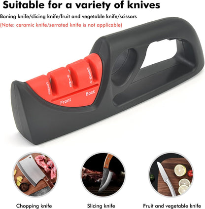 NileHome 4-in-1 Knife Sharpener, Professional kitchen knife sharpeners are suitable for steel knives, fruit knives, scissors, and all kinds of knives—Black Red