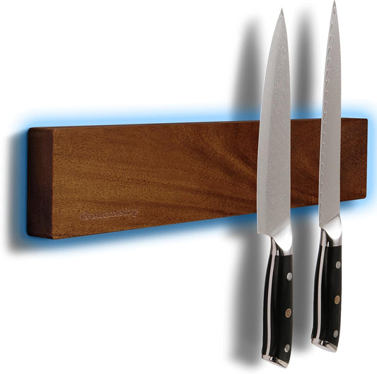 Magnetic Knife Holder for Wall, Acacia Wood Magnetic Knife Strip 16”, Strong N50 Knife Magnet Rack, No Drill 3M Adhesive or Screw Mount, Wooden Kitchen Knife Holder Organizer for Wall, Fridge, Kitchen