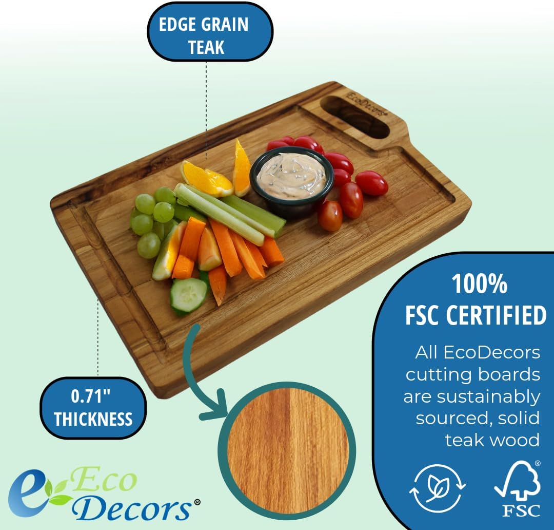 EcoDecors 18"x14" Extra Large Teak Cutting Board, Edge Grain Wood with Juice Groove & Handle, FSC Certified for Kitchen, Carving & Butcher Block Prep