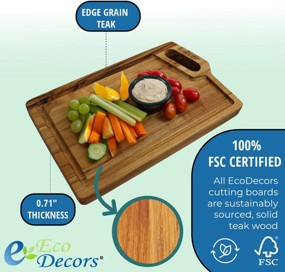 EcoDecors 18"x14" Extra Large Teak Cutting Board, Edge Grain Wood with Juice Groove & Handle, FSC Certified for Kitchen, Carving & Butcher Block Prep