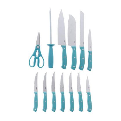 Oster Evansville 14 Piece Cutlery Kitchen Knife Block Set, Stainless Steel w/Linen White Handles - Cuchillos Para Cocina