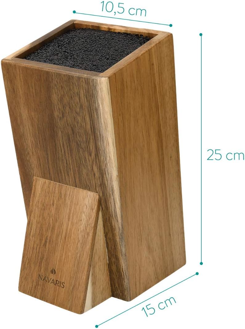 Navaris Universal Knife Block Holder - Rubber Wood Stand with Bristles to Fit Different Sizes of Knives - Angled Design, 9.8" x 5.9" x 4.1’" - Black
