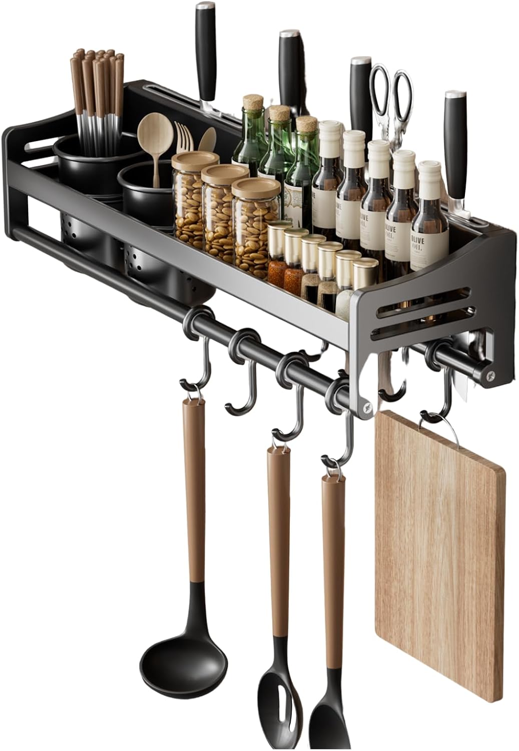 utensil hanger, wall mounted kitchen rail with hooks, waterproof hooks for kitchen utensils, easy installation without drilling (19.7 inches, Cup, 1)