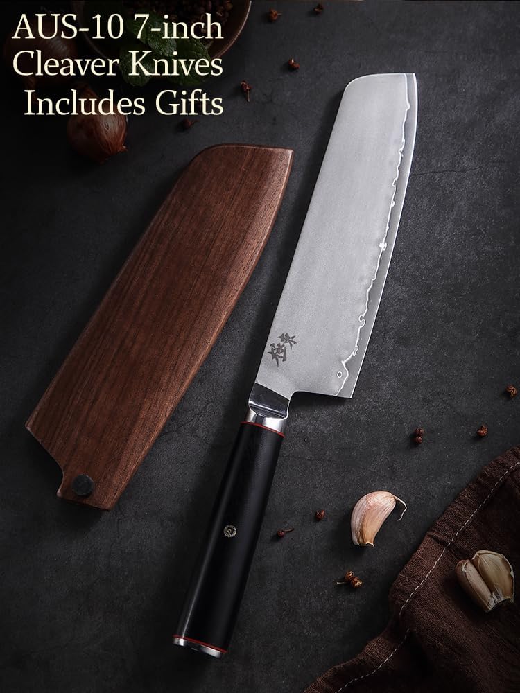 Japan Aichi AUS10 Triple Layer Composite Steel 8-inch Chef's Knife,Gyuto，Meat Cleavers，G10 Handle, Forged Kitchen Knife，Black Walnut Knife Sheath Set
