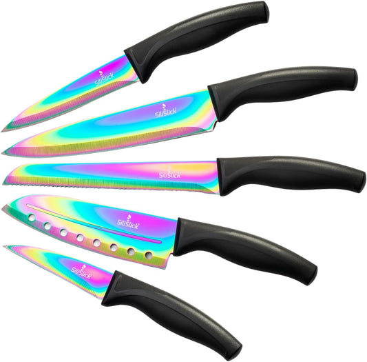 SiliSlick Kitchen Knife Set, Rainbow Titanium Coated Blades, High Carbon Stainless Steel, Chef, Santoku, Bread, Utility and Pairing Knives, Ergonomic Better Grip Handles