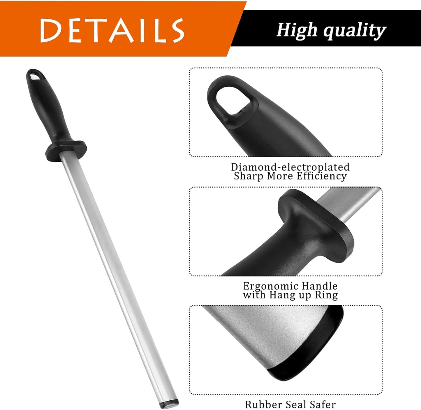12 Inch Diamond Knife Sharpening Steel, Professional Knife Sharpener Rod, Diamond coating Honing Steel, Premium diamond Knife Sharpener Rod for all knives