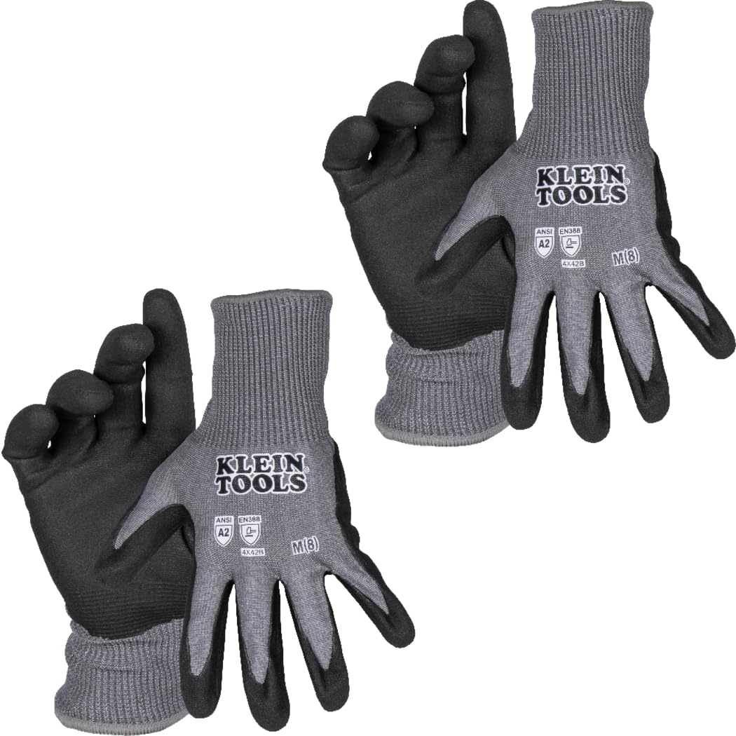KLEIN TOOLS 60585 Work Gloves, Knit Dipped Cut Resistant ANSI A2 Nitrile Coated Gloves, HPPE Fabric, Touchscreen Capable, Large, 2-Pair