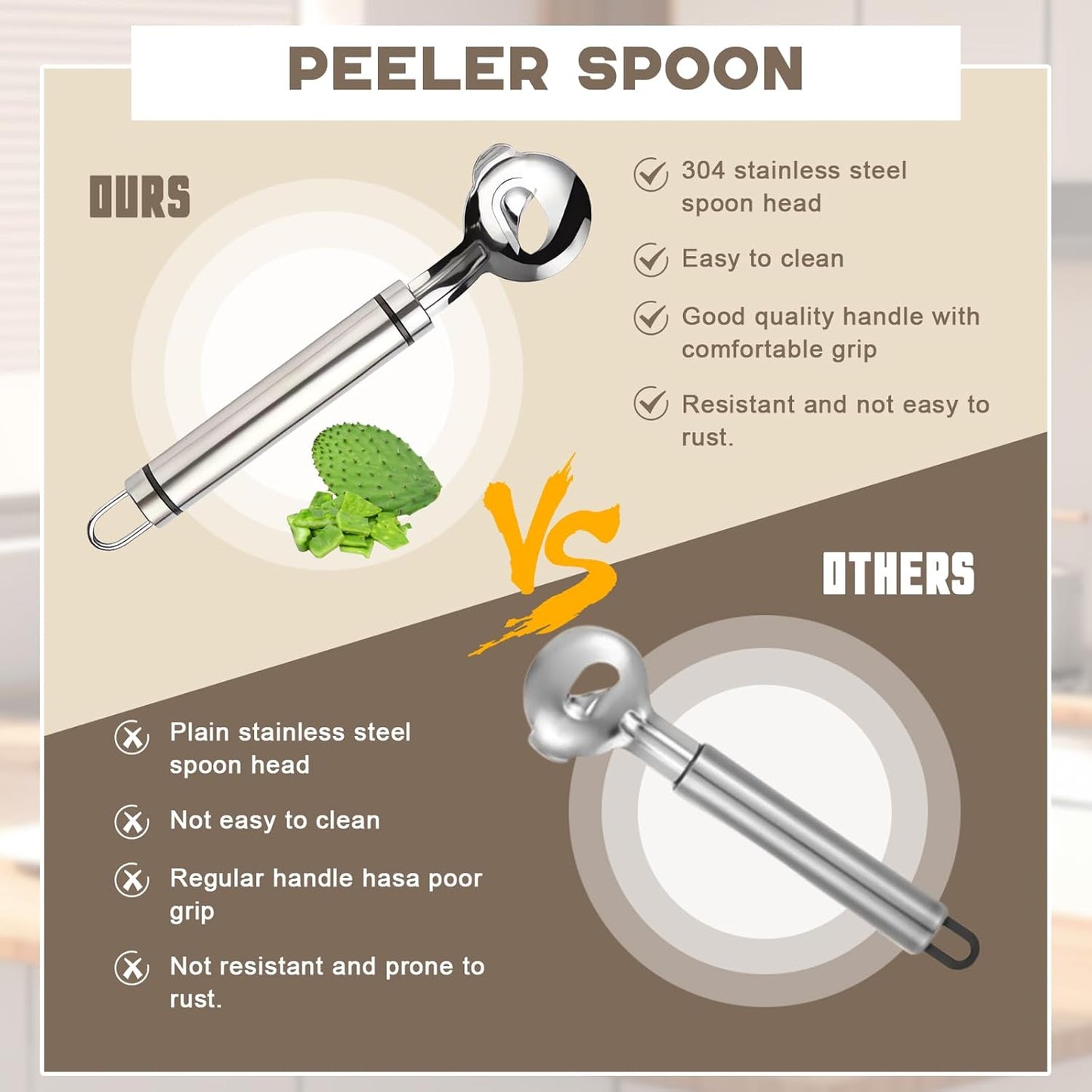 Spoon Cactus Peeler Tool, Stainless Steel Peeler Cactus, Cuchara Peladora De Nopales Tool Noodle Cutter Knife With Hole with Long Handle