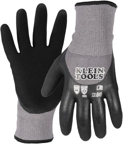 Klein Tools Winter Work Gloves, Knit Dipped ANSI A4 Cut-Resistant, Sandy Latex Coated, Fleece-Lined, Touchscreen Capable