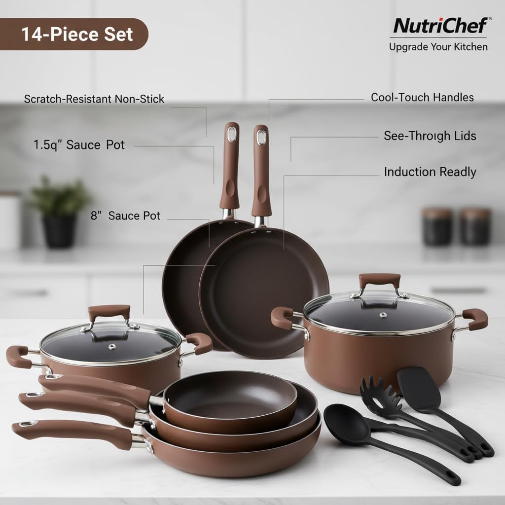 NutriChef 54-Piece Kitchen Cookware Set – Complete Non-Stick Ceramic Pots and Pans Set with Utensils, Bakeware, and Knife Set, Gas, Electric & Induction Compatible, Blush Pink Kitchen Essentials
