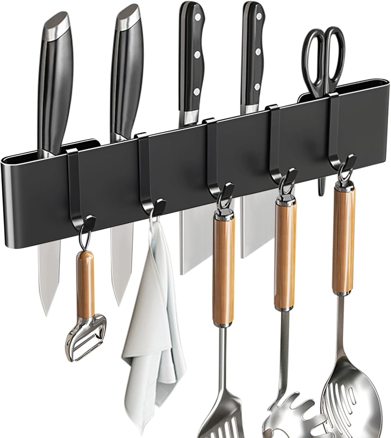 Knife Holder for Wall Mount-Knife Strips with Hooks Stainless Steel Wall Knife Rack-Knife Block-Knife Rack-Utensil Hanger-Kitchen Utensil Holder (Black, 50 CM+9 Hooks)