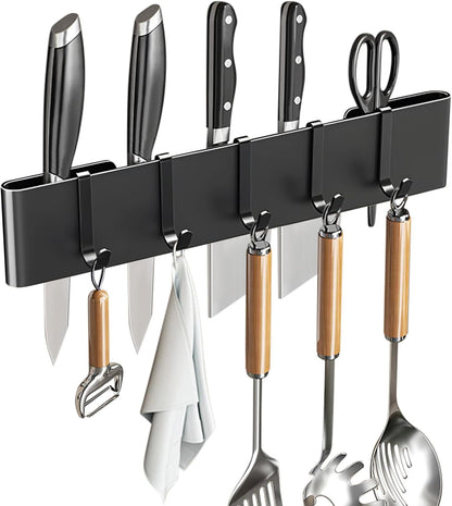 Knife Holder for Wall Mount-Knife Strips with Hooks Stainless Steel Wall Knife Rack-Knife Block-Knife Rack-Utensil Hanger-Kitchen Utensil Holder (Black, 50 CM+9 Hooks)