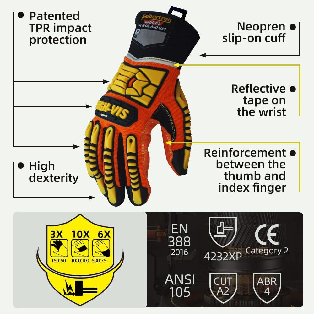 Seibertron High-Vis Series Cut Resistant Reducing Anti-Impact Mechanics Heavy Duty Safety Rescue Oil and Gas Gloves