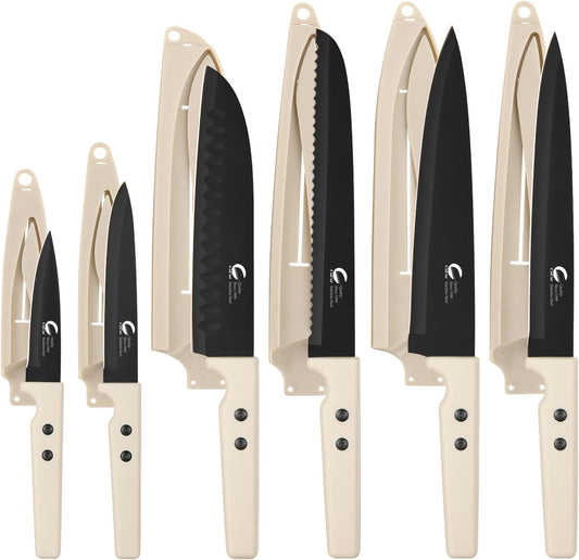 12-Piece Kitchen Knife Set, Nonstick Coating Chef Knives Set with 6 Blade Guards, Double Rivets, Dishwasher Safe, High Carbon Stainless Steel Blades for Cooking, Cutting, Chopping