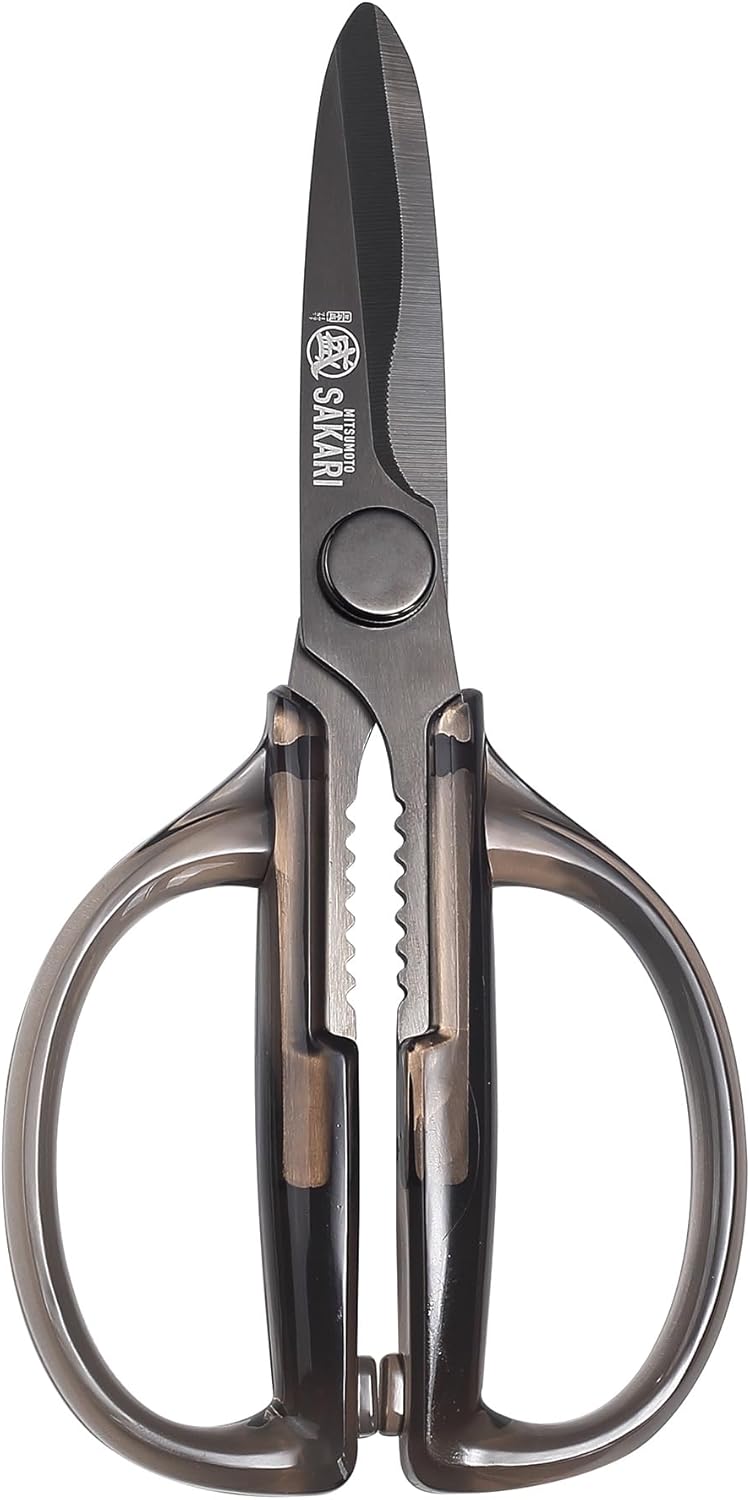 MITSUMOTO SAKARI Japanese Kitchen Scissors, All Purpose, Black Titanium Plated Heavy Duty, Multipurpose Cooking and Herb Scissors with Micro Serrated Edge