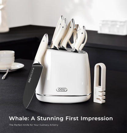 OOU Kitchen Knife Block Set - 15 Pieces High Carbon Stainless Steel Knife Block Set with Built-in Sharpening Blocks, Black