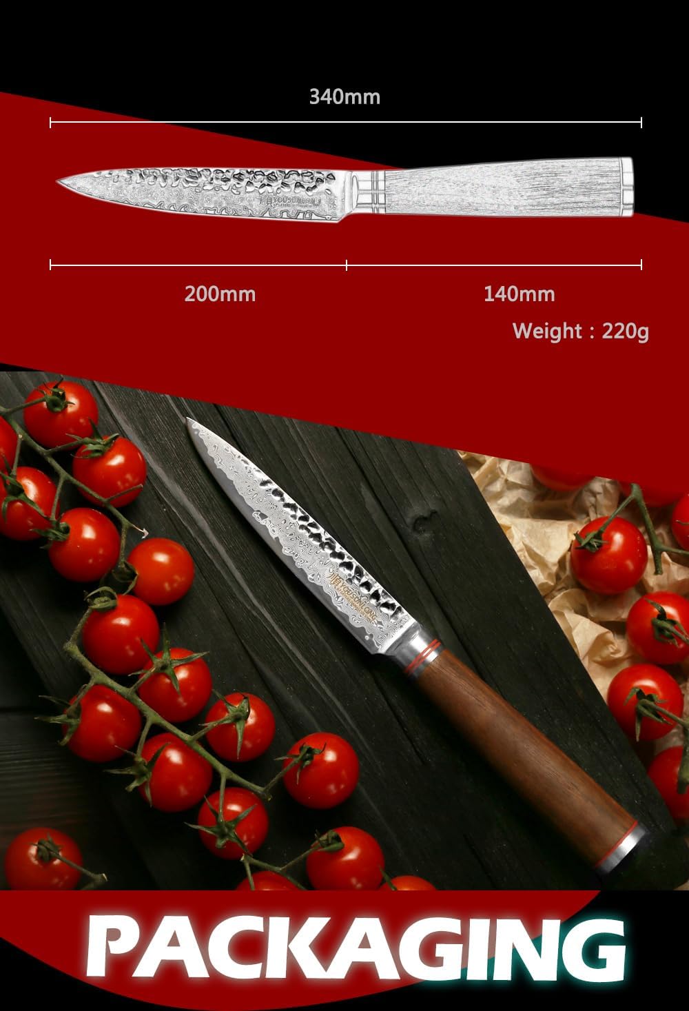 YOUSUNLONG Utility Knife Kitchen 5 Inch Petty Knife - Japanese Hammered Damascus Steel - Razor Sharp Blade - Natural Walnut Wooden Handle