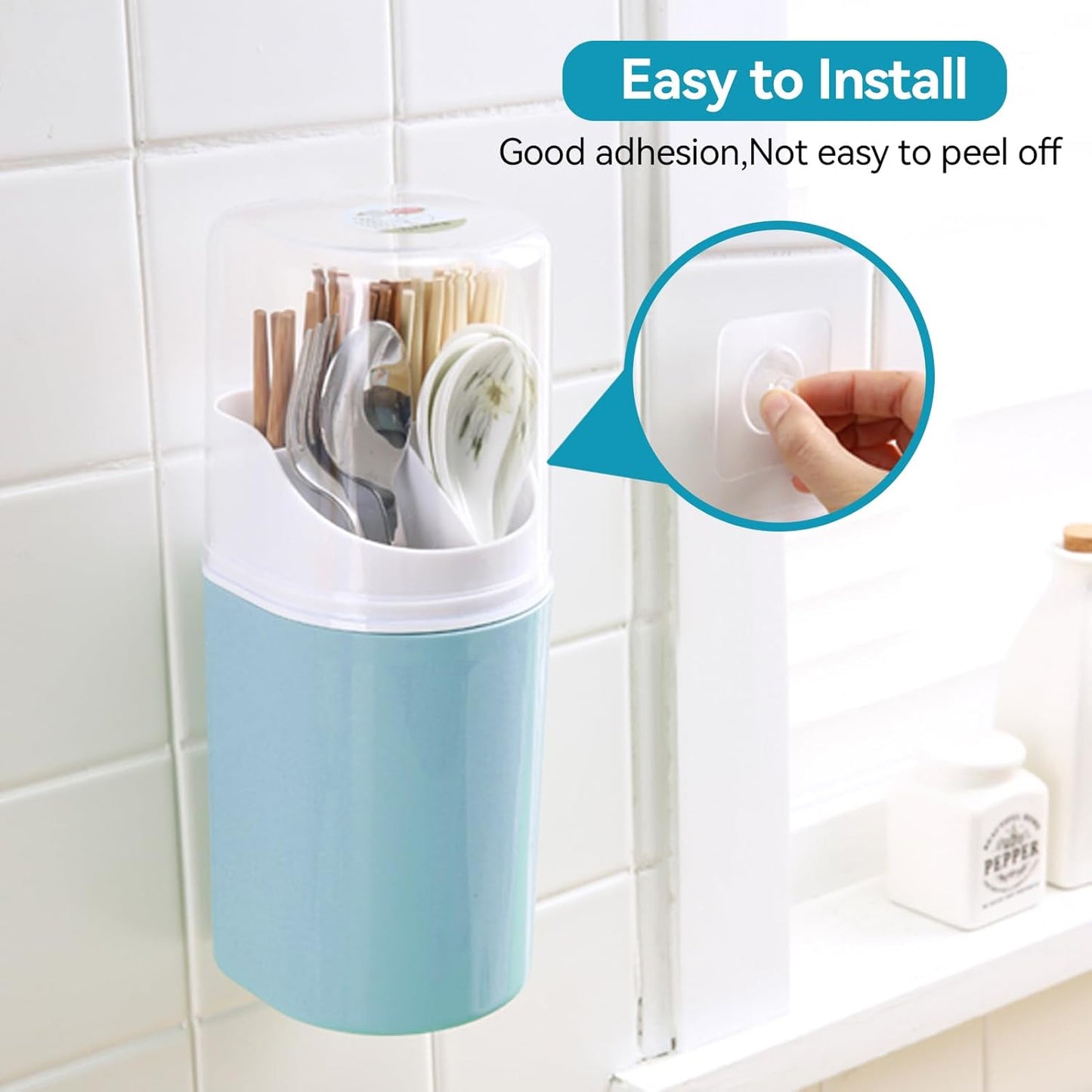 HERCHR Kitchen Utensil Holder with Cover, 4 Compartment Wall-Mounted Countertop Plastic Silverware Holder Utensil Drying Rack for Cutlery, Chopstick, Spoons, Forks, Knives(Blue)
