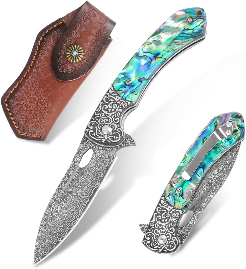 Damascus Pocket Knife with Sheath,3.54" Sharp Damascus Steel Blade Abalone Seashells Handle EDC Pocket Knives & Folding Knives for Outdoor Camping, Ideal Gifts for Men Women
